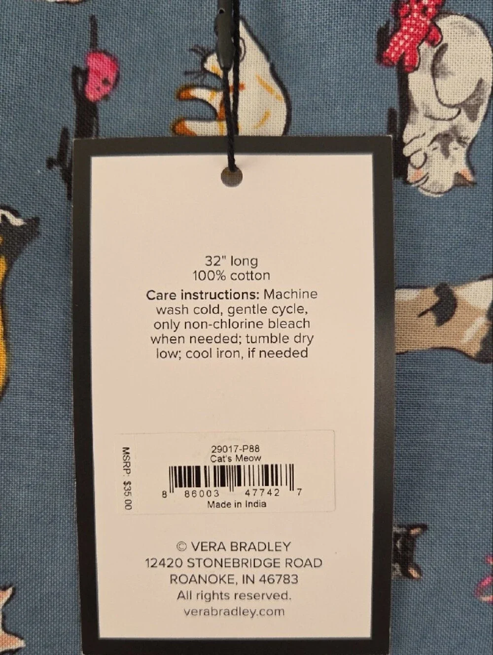 Vera Bradley Blue Cat Pattern Cotton Apron